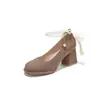 Zapatos de tacón alto estilo francés con lazo de cinta de perlas para mujer, tacón grueso, boca poco profunda con lentejuelas, plataforma impermeable, zapatos Mary Jane