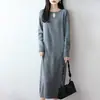 Vestido de punto de lana pura con cuello redondo y botones de perla para mujer, otoño e invierno, elegante, holgado, corte recto, vestido midi hasta la rodilla