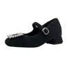 Sapatos Mary Jane com Elevação Interna Strass Veludo Preto Baixos para Mulheres Outono e Inverno 2025 Estilo Noturno Sapatos Peludos para Mulheres Roupa de Inverno para Exterior