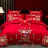 Bordado de algodón de alta gama 140 rojo boda juego de cuatro piezas dote dragón y fénix categoría de cama de algodón al por mayor