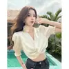 Top dulce y picante, puro y seductor, tipo satín, para mujer, estilo francés de verano con mangas abullonadas, cuello floral, blusa corta
