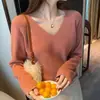 Suéter com decote V para mulheres, blusa de tricô de caimento solto, novo estilo 2026, peça básica para outono e inverno, blusa com decote V baixo