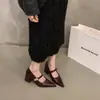 Tacón Grueso Tacones Altos Punta Fina Francesa Zapatos Planos Negros Zapatos de Mujer 2025 Primavera y Verano Zapatos de Oficina Mary Jane Zapatos Pequeños de Cuero