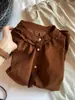 Camisa de renda marrom retrô de alta qualidade estilo Ins, nova camisa outonal estilo coreano solta e versátil com um visual estiloso, adequada para usar em camadas