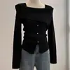 Malharia de Nicho Inspirada em Designers para Mulheres, Suéter Off-Shoulder Outono e Inverno, Top Básico com Gola Quadrada, Malharia Feminina com Gola Redonda