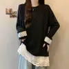 Camiseta Patchwork de Renda Térmica Plus Size de Manga Longa para Mulheres, Novo Estilo Outono/Inverno, Caimento Solto, Emagrecimento, Cobre o Corpo, Peça de Cima para Usar por Cima