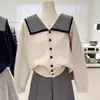 Nuevo Abrigo Suéter Coreano de Otoño e Invierno Holgado con Cuello Azul Marino Talla Grande Rayado Adelgazante Cardigan de Punto Botonado para Mujer