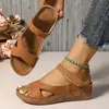 Sandalias de estilo nuevo floral con cinta mágica, suela gruesa, para mujer, transfronterizas, talla grande, tacón de cuña, punta abierta, sandalias de playa y chanclas para el sudeste asiático