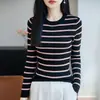Suéter de Punto de Algodón Puro con Cuello Redondo de Manga Larga para Mujer, Ajuste Delgado, Bloque de Color, Rayas, Camisa Base, Otoño/Invierno 2026