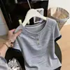 Camiseta de Manga Corta con Cuello Henley de Bloques de Color Rayados Estilo Coreano Retro para Mujer, Verano Casual Versátil, Cuello Redondo, Hombro Normal, Top Pequeño