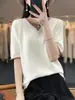 Suéter de gola V dupla com blocos de cor, temperamento, manga curta, solto, modelador, para o trabalho, primavera e verão, fio de algodão, camiseta de tricô feminina