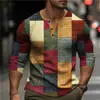 Camisa Masculina Henley de Manga Longa com Estampa Xadrez Colorida 3D Hip Hop Tendência Streetwear Primavera Outono Casual com Botões