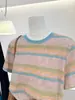Camiseta de Manga Corta para Mujer Estilo Verano 2026 con Rayas en Contraste, Cuello Redondo Holgado, Casual y Versátil, Top que Reduce la Edad para Mujer