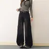 Calça Jeans Cargo de Cintura Alta e Perna Larga para Mulheres Primavera e Outono Novo Solta Comprimento Total Perna Reta Estilo Street Retro Marca Tendência Calça Longa