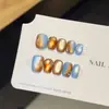 [Océano Azul] Ámbar Caramelo Estilo Ins Difuminado Uñas Portátiles Hechas a Mano Cortas Manicura Otoño e Invierno Parches para Uñas