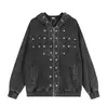 Moletom com capuz desconstruído, tachas, lavado, estilo retrô americano para homens e mulheres, solto e casual, versátil, jaqueta de streetwear da moda para o outono