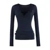 Top de encaje sexy para mujer con escote en V profundo, estilo nuevo de otoño e invierno, cintura plisada, aspecto adelgazante, estilo Pura Lustre, camiseta con borde ondulado