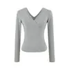 Camiseta rosa de manga larga con cuello cruzado para mujer, atuendo de principios de otoño, entallada a la cintura, doble cuello en V, top corto