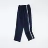 Calça de Uniforme Escolar com Faixa Larga Vermelha e Listras Finas Brancas em Azul Marinho, Calça Reta Solta e Durável para Alunos do Ensino Fundamental e Médio, Alunos do Ensino Médio