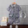 Conjunto de Shorts para Niños con Camiseta Estampada Aleatoria Gris y Pantalón Corto a Juego con Cintura Elástica Tejida, Disponible Transfronterizo
