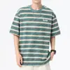 Camiseta Rayada de Manga Corta de Algodón Puro Pesado Casual para Hombre Anyang, Nuevo Estilo Verano 2026, Camiseta Holgada de Manga Media con Cuello Redondo, Talla Grande