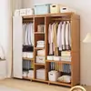Armario Sencillo de Madera Maciza para Uso Doméstico, Clóset de Dormitorio con Gabinete de Tela con Cortina Completamente Cerrado, Ensamblaje para Apartamentos de Alquiler, Perchero Reforzado