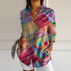2024 Nuevo Otoño Transfronterizo Patrón Estampado Colorblock 3D Camisa Casual Holgada para Mujer Europea y Americana Top con Botones