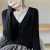 Cardigã de Lã Tricotado Fino com Decote V para Primavera e Outono 2022 para Mulheres Estilo Coreano Solto Simples Camisa Base Jaqueta Suéter