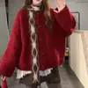 Cardigan de Tricô Espesso Estilo Preguiçoso Vermelho Outono e Inverno para Mulheres 2026 Suave Solto Casaco Suéter Top Emagrecedor