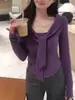 Camisa de Capa Interior Morada de Alta Gama Francesa para Mujer Camiseta de Manga Larga de Primavera Cintura Asimétrica Top Sexy