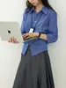 Camisa Elegante de Manga Larga con Pliegues Estilo Preppy Retro para Mujer, Primavera, Cintura Ceñida, Top Adelgazante, Azul, Nuevo 2025