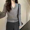 Suéter de gola V cor damasco para mulheres, novo estilo outono e inverno 2026, adequado para usar em camadas ou sozinho, top de malha slim fit