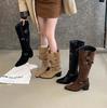Botas de Gamuza con Hebilla de Cinturón 2025 Otoño e Invierno Nuevo Estilo Punta Redonda Tacón Grueso Cuero Slip-On Botas Slouch en Stock