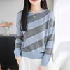 Suéter de Punto Rayado Hueco de Estilo Holgado y Casual para Mujer, Cuello Redondo, Bloques de Color, Manga Larga, Top Base Holgado de Tencel