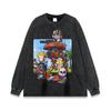 Desenho animado Estampa de desenho animado Manga comprida Street Tide pesado Desgastado lavado Retro Solto Hip Hop Cross-border OversizeT Camiseta