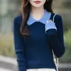 Suéter de Tricô Falso Duas Peças com Gola Polo Transfronteiriço para Mulheres, Suéter Curto Slim Fit para Outono e Inverno, Elegante Top de Tricô de Manga Longa