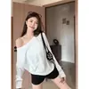 Camiseta de Manga Larga de Algodón Puro 'Pure Desire' Hombros Descubiertos para Mujer, Camisa Base Sexy Holgada Estilo Perezoso para Otoño, Top de Hombros Descubiertos