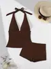 Estilo Callejero Transfronterizo Nuevo Europeo y Americano Ajustado Color Sólido Elegante Moda Sin Mangas Cuello Halter Espalda Descubierta Camiseta Corta de Tirantes Conjunto de Dos Piezas