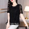 Mulheres de meia-idade e idosas 2024 verão nova moda elegante retrô pesado preto bordado em torno do pescoço camiseta camisa pequena