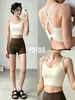 Conjunto Fitness Marrom Escuro com Costas Cruzadas Sutiã Esportivo à Prova de Impacto Shorts Elásticos de Cintura Alta Roupa para Corrida Treinamento Yoga