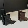 2025 Nuevo Estilo Otoño Punta Afilada Tacón Grueso Botines Cortos Botas de Tacón Alto para Mujer Botines Cortos Ajustados Botas de Caballero Versátiles de Moda