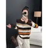 Nuevo cárdigan de punto a rayas de cuello redondo, suelto y casual, estilo coreano, para otoño e invierno, para mujer, top versátil tipo chaqueta suéter