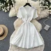 Vestido de tricô estilo sal e pimenta com decote em V, manga curta, modelagem justa, que rejuvenesce, para mulheres, verão, cintura marcada, afina, saia evasê, saia de temperamento para o trabalho