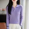 Suéter de punto con cuello polo estilo francés para mujer, de manga larga, rosa, corte ajustado, camisa base versátil, top de estilo sencillo