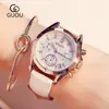 Reloj Guou Multifuncional Tres Ojos Esfera Grande Correa de Cuero para Estudiantes, Reloj Morado de Cuarzo con Pedrería para Mujer, Otros