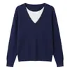 Suéter feminino casual de gola macia azul marinho, estilo duas peças, manga longa, para outono e inverno, elegante e solto