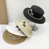 Sombrero de Copa Parasol de Verano Protector Solar para Mujer Estilo Francés Retro Cadena de Perlas Parte Superior Plana Moda Casual Lazo Sombrero de Paja