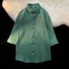 Camisa bonita estilo coreano estilo Hong Kong, camisa plissada de seda gelada, manga curta, fina e solta, de sete mangas, para homens, verão