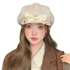 Elegante gorro octogonal de lana para otoño e invierno para mujer, boina dulce con lazo, sombrero de pintor versátil y que adelgaza el rostro, estilo británico