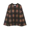Exportação Transfronteiriça Outono e Inverno 2025 Nova Jaqueta Tricô Casual Loose Xadrez Moda Retrô com Gola Redonda para Mulheres